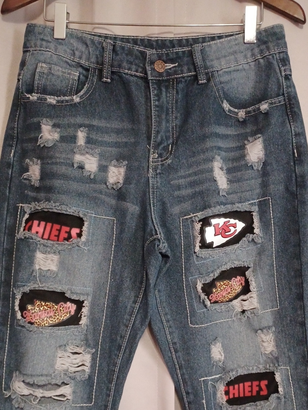 Kansas City Chiefs Custom Distressed Patchwork Jeans NFL Football Fan Game Day - Picture 3 of 15